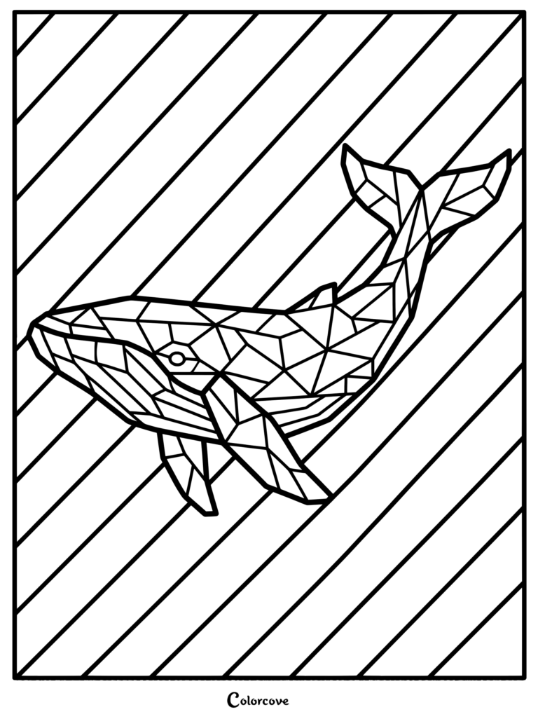 Un coloriage baleines mosaique détaillé représentant une baleine géométrique nageant sur un fond à rayures diagonales.