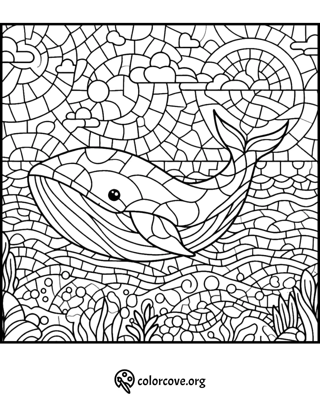 Coloring page featuring a mosaic-style whale swimming in the ocean, with a sunset and clouds in the background.