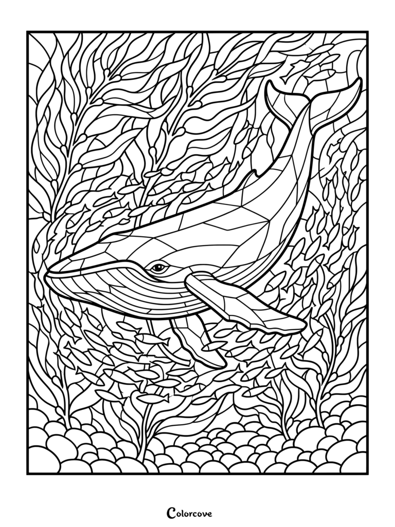 Un coloriage baleines mosaique détaillé représentant une baleine majestueuse nageant à travers des algues et des bancs de poissons.