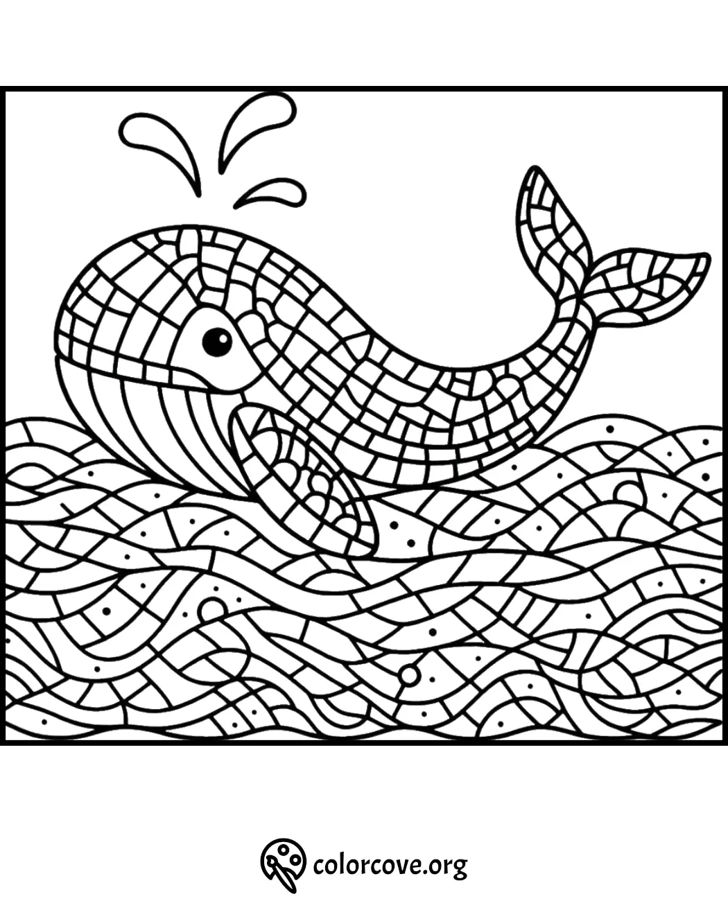 Whale coloring page for kids with intricate patterns, ocean waves, and splash elements. Printable marine life activity.