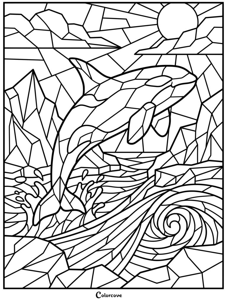 Un coloriage baleines mosaique représentant une orque sautant par-dessus les vagues de l'océan sous le soleil.