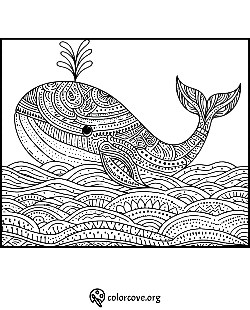 Intricate whale coloring page with detailed patterns and waves, perfect for relaxation and creativity. Download at colorcove.org.