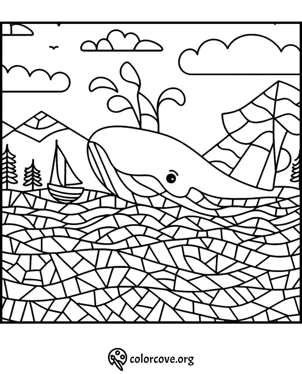 Whale splashing near a sailboat, mountains, and trees in a detailed mosaic-style coloring page from colorcove.org.