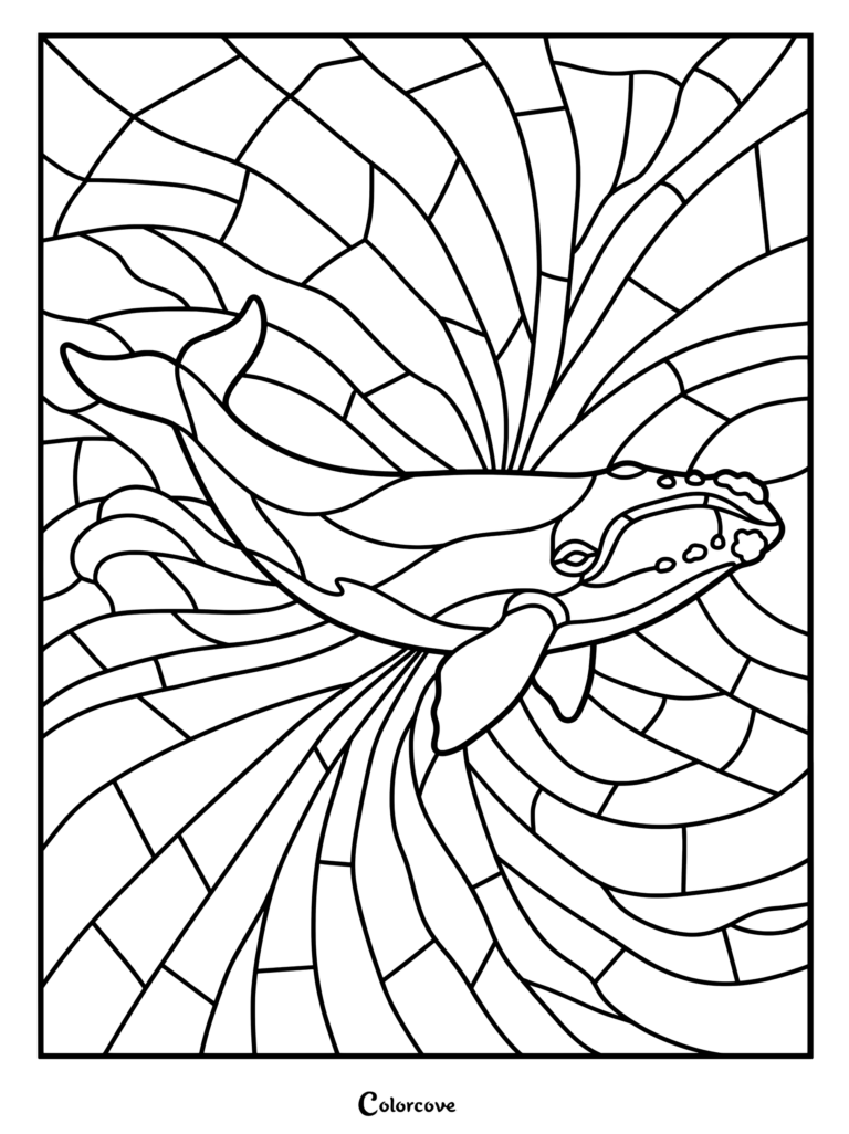 Un coloriage baleines mosaique à imprimer représentant une baleine majestueuse nageant à travers des motifs abstraits de type vitrail.