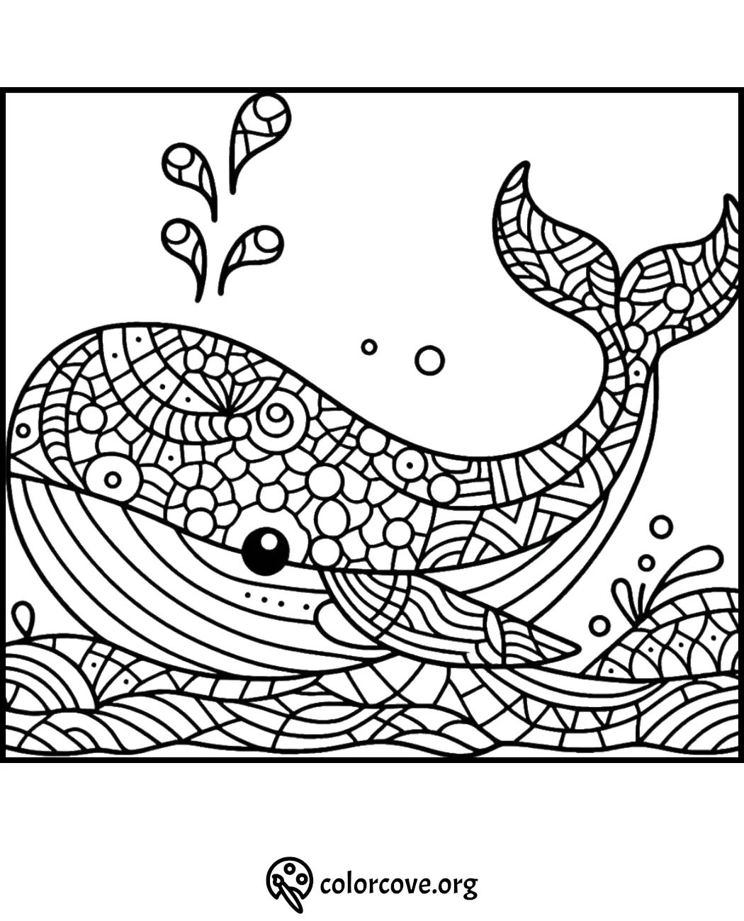 Intricate whale coloring page with detailed patterns and splash, perfect for kids and adults. Free printable at colorcove.org.