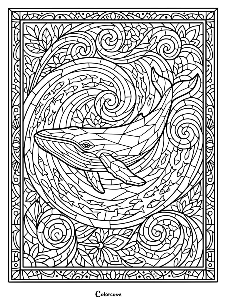 Un coloriage baleines mosaique détaillé représentant une créature marine majestueuse entourée de bancs de poissons et de vagues complexes.