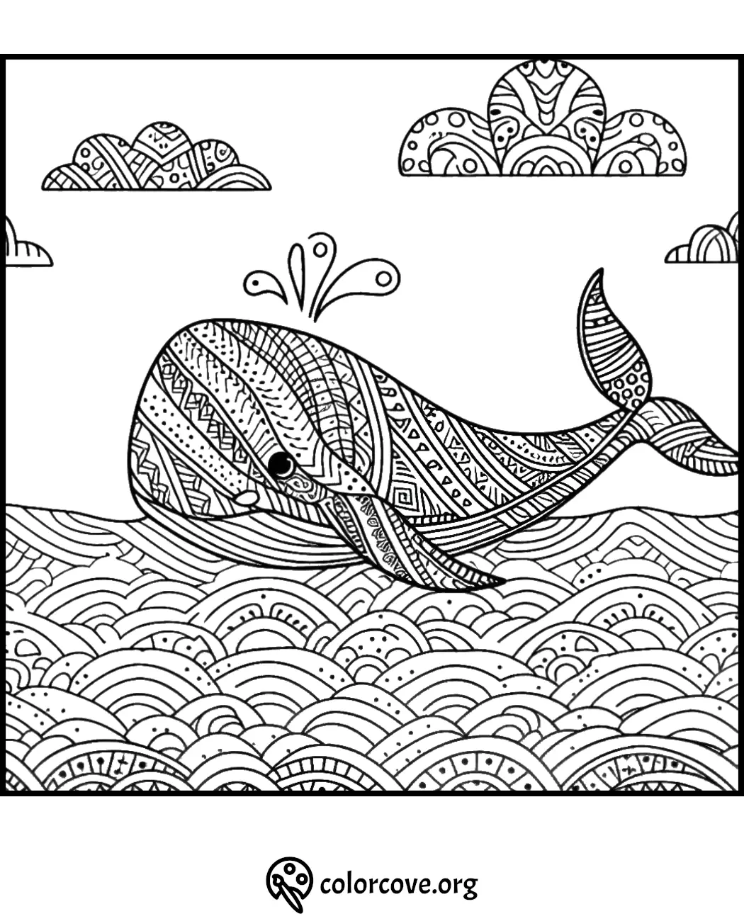 Intricate whale-themed coloring page with ocean waves and decorative clouds, perfect for stress relief and creativity.