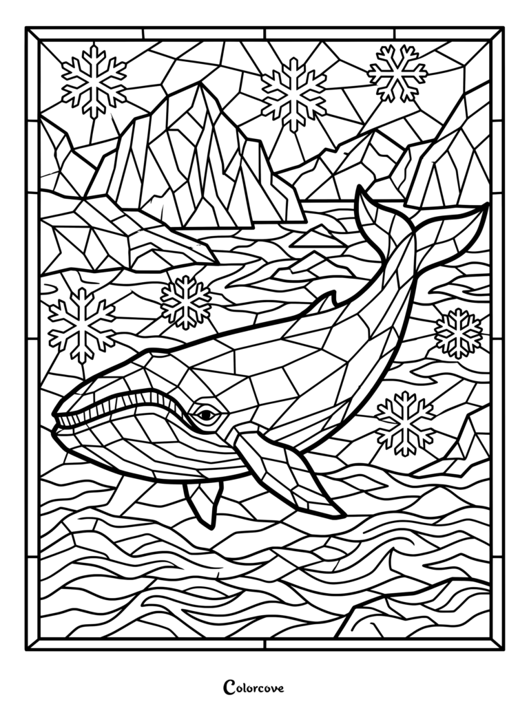 Un coloriage baleine arctique mosaique présentant des motifs géométriques, des icebergs et des flocons de neige qui tombent.