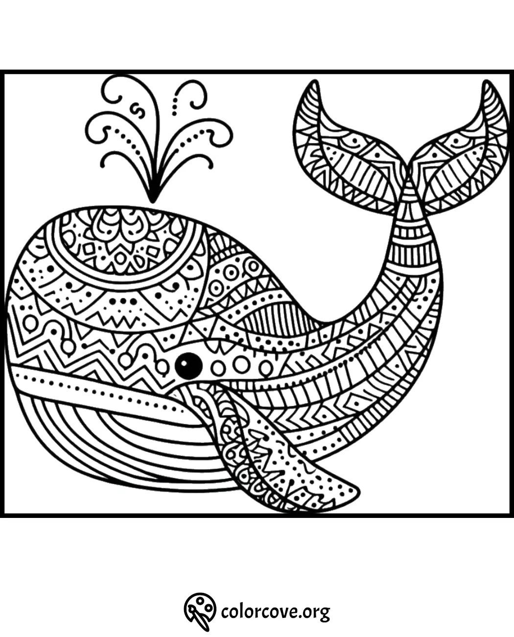 Detailed whale coloring page with intricate patterns for kids and adults. Printable ocean-themed art by Colorcove.