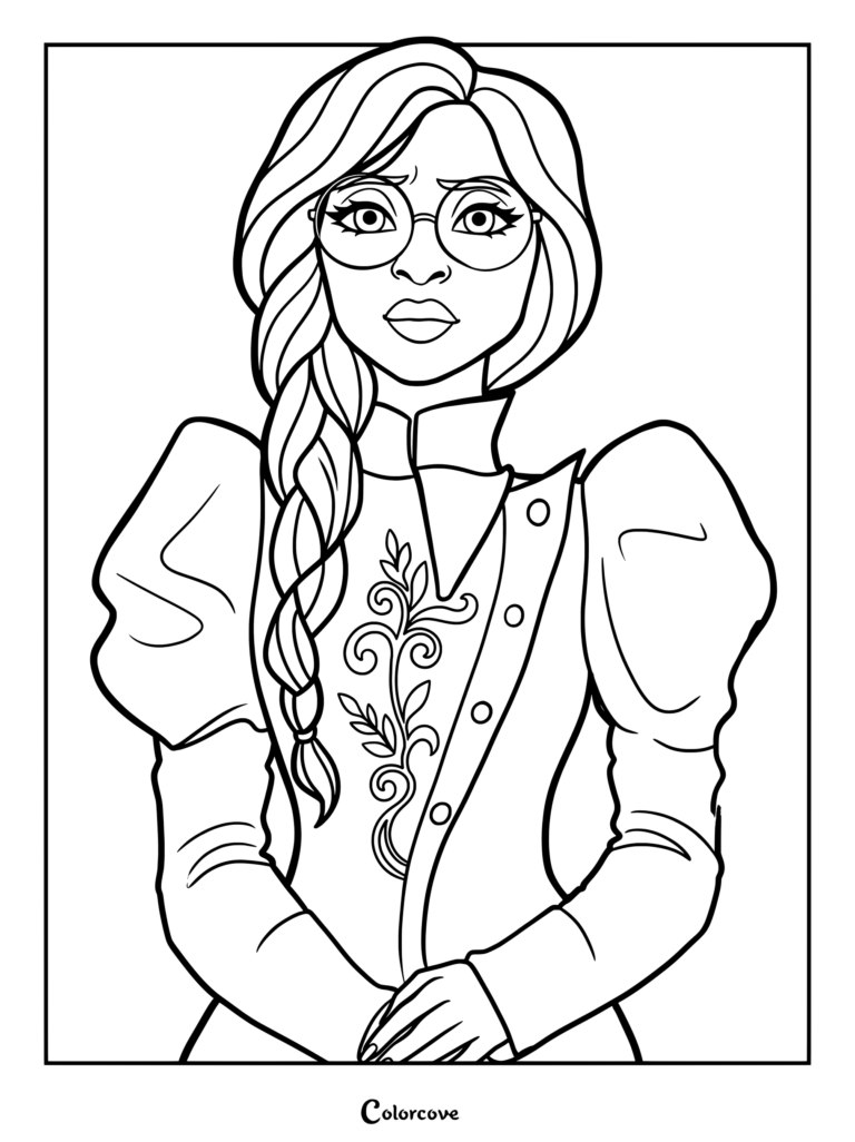 Elphaba portant des lunettes rondes et une coiffure tressée dans un coloriage Wicked.