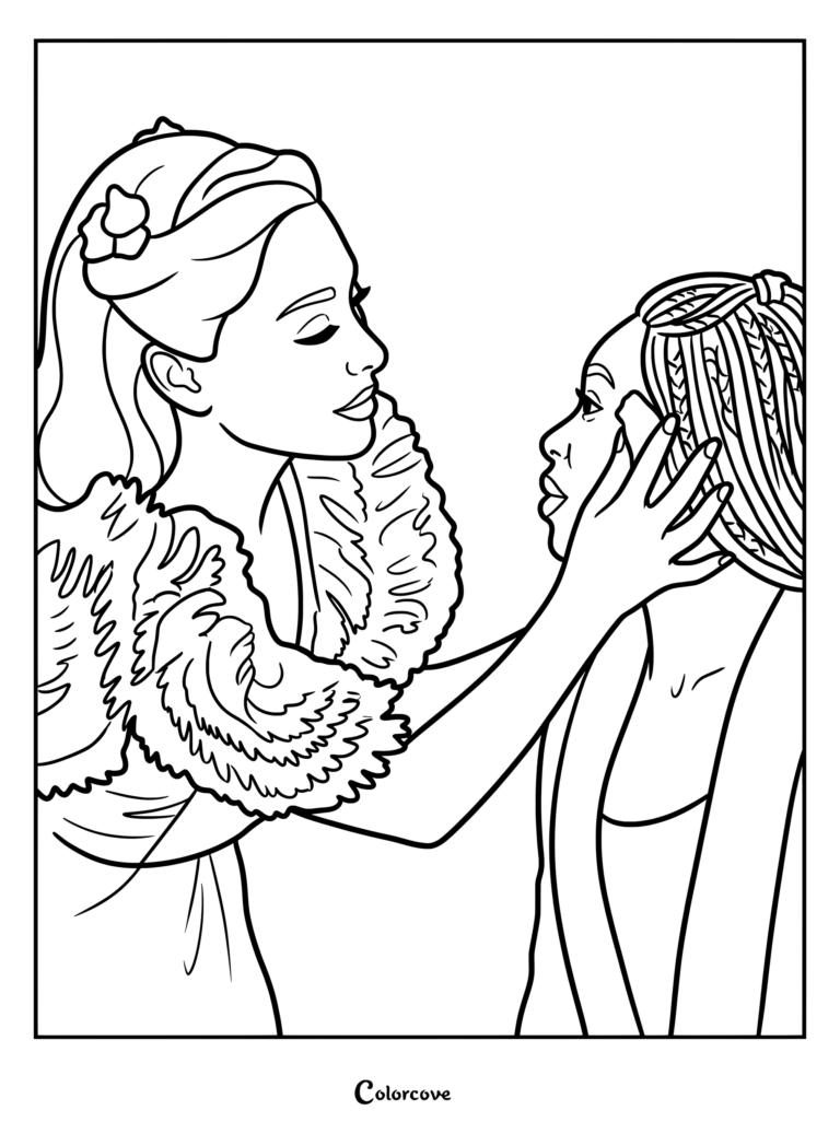 Coloriage Wicked montrant Glinda essayant de relooker Elphaba pendant la chanson Popular.