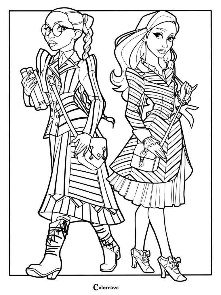 Coloriage fan art d'Elphaba et Glinda du film Wicked portant leurs uniformes de l'Université de Shiz.