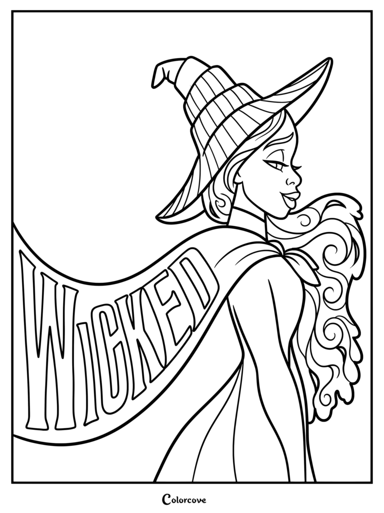 Elphaba la Méchante Sorcière de l'Ouest portant son chapeau pointu emblématique et sa cape dans un coloriage Wicked à imprimer.