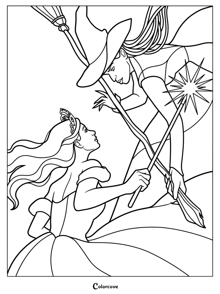 Coloriage fan art numérique représentant Elphaba la sorcière à la peau verte et Glinda dans sa robe rose et son diadème issus de la comédie musicale et de l'histoire Wicked.