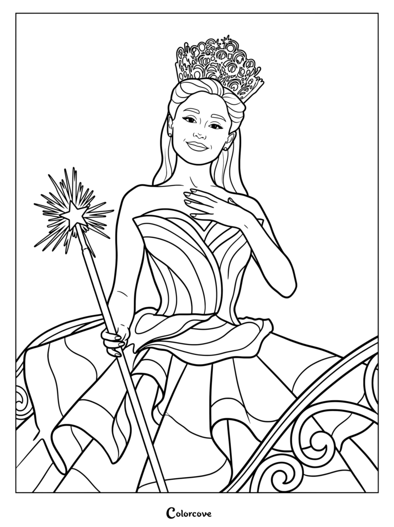 Coloriage d'Ariana Grande costumée en Glinda la Bonne Sorcière tenant une baguette étoilée, issue de l'adaptation cinématographique de Wicked