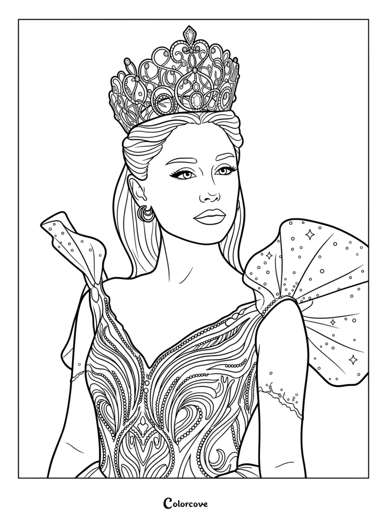 Coloriage à imprimer d'Ariana Grande incarnant Glinda portant une grande couronne ornée et une robe à volants dans Wicked For Good