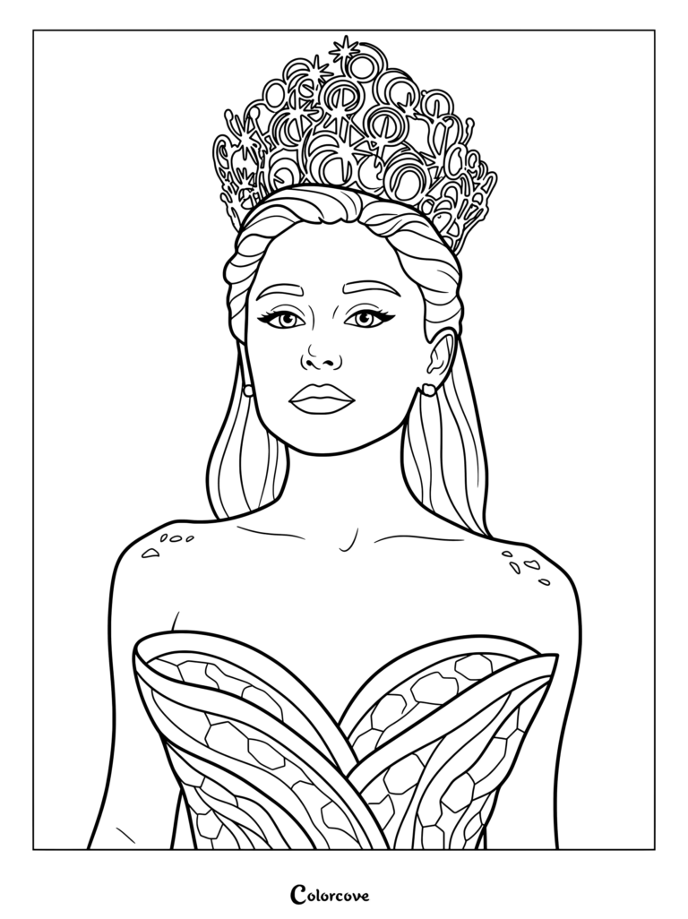 Coloriage d'Ariana Grande incarnant Glinda la Bonne Sorcière dans l'adaptation cinématographique de Wicked.