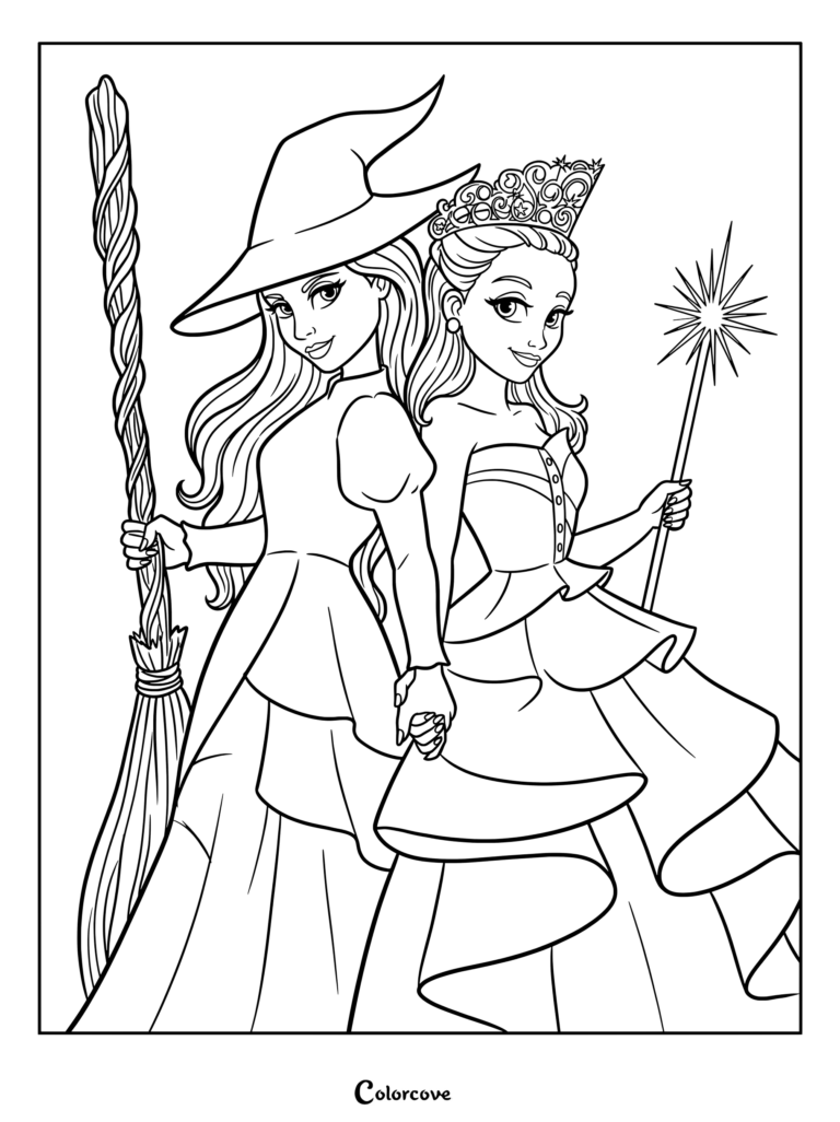 Coloriage à imprimer d'Elphaba tenant un balai et de Glinda tenant une baguette dans Wicked.
