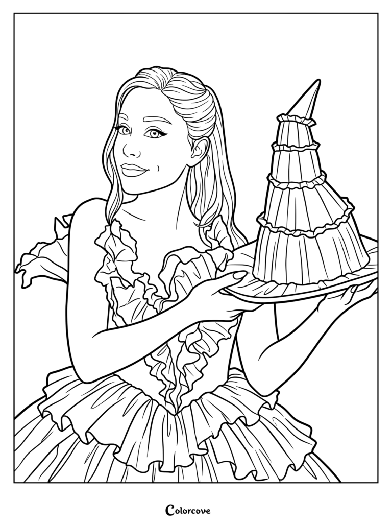 Coloriage d'Ariana Grande dans le rôle de Glinda tenant un chapeau de sorcière noir lors de la chanson Popular dans l'adaptation cinématographique musicale Wicked