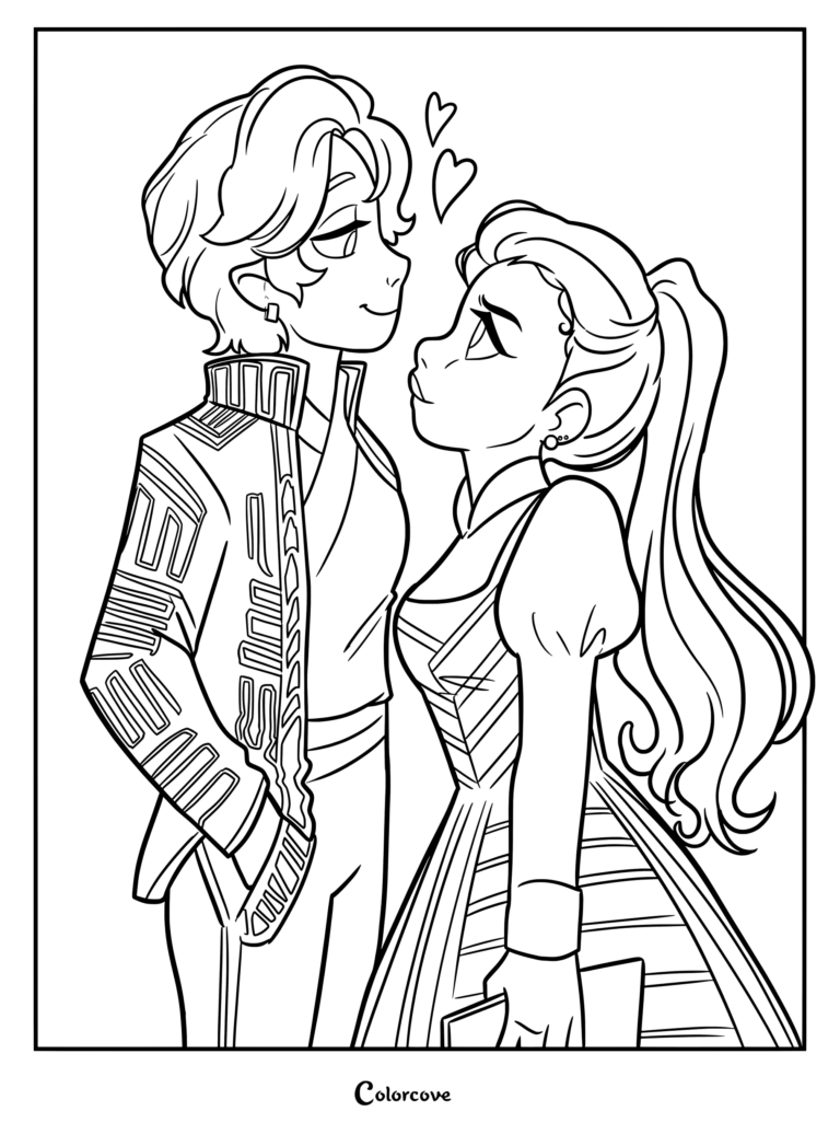 Coloriage à imprimer représentant Elphaba et Fiyero proches l'un de l'autre dans Wicked, sous des cœurs flottants.
