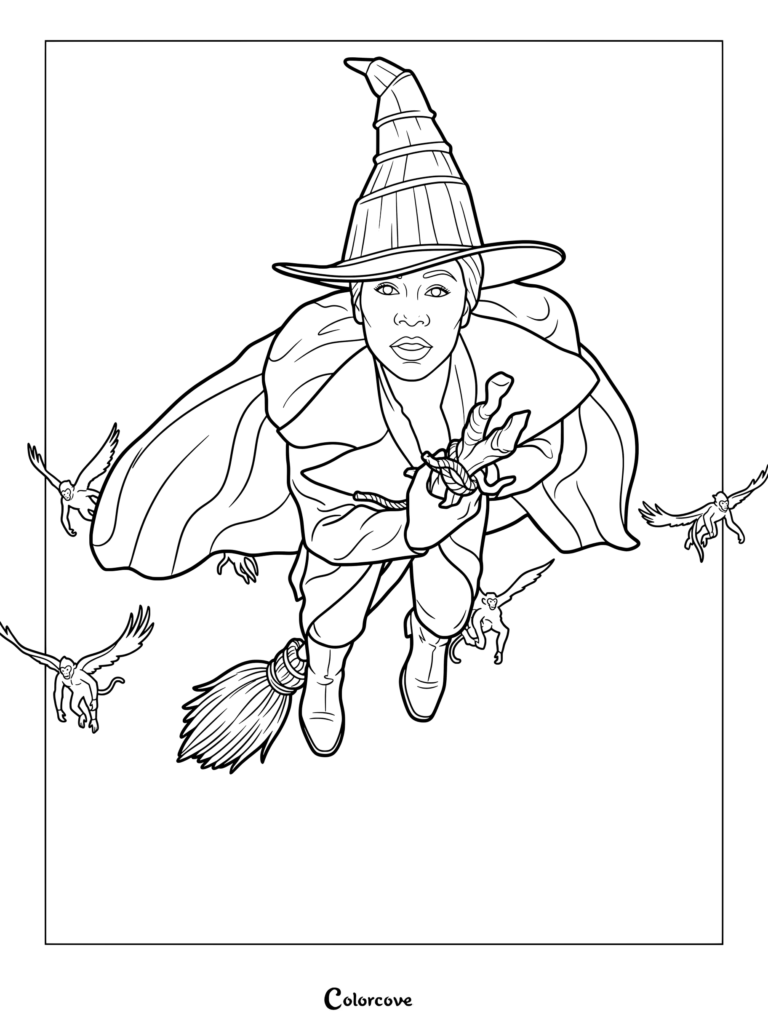 Coloriage à imprimer de Cynthia Erivo incarnant Elphaba la Méchante Sorcière de l'Ouest volant sur un balai dans Wicked
