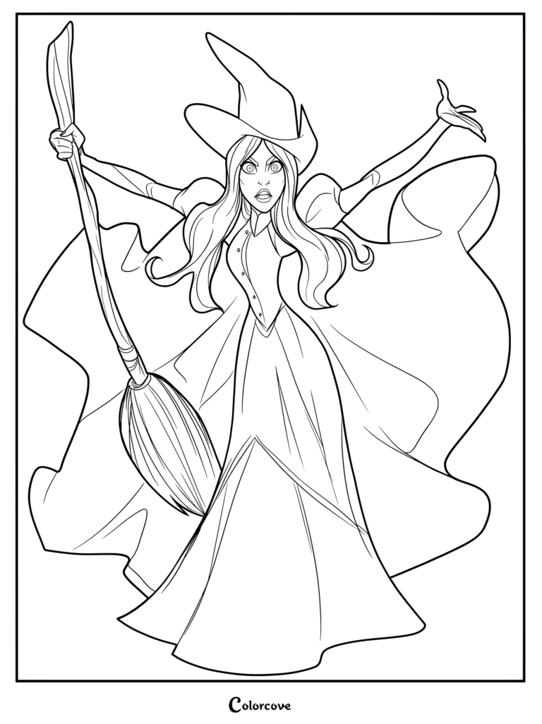 Elphaba tenant un balai dans une pose dramatique pour un coloriage Wicked.
