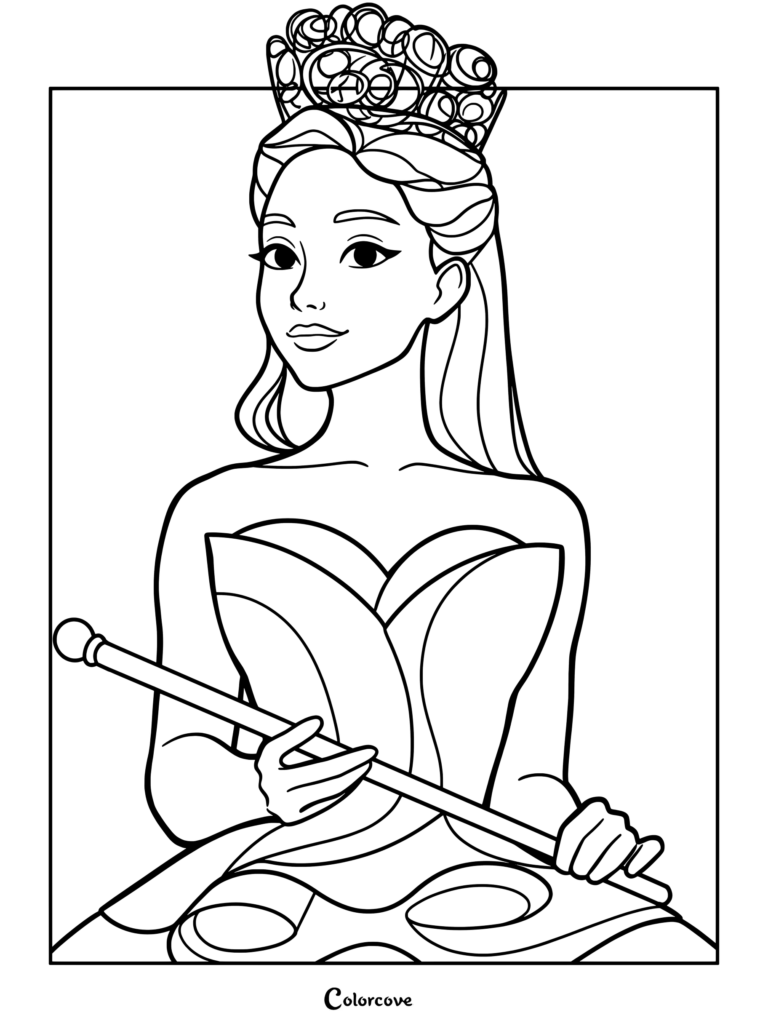 Coloriage de Glinda portant une couronne ornée et tenant une baguette issu de Wicked