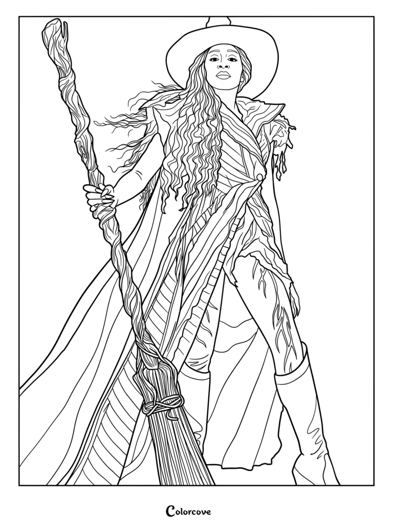 Glinda tenant un balai et portant un haut chapeau dans un coloriage Wicked.