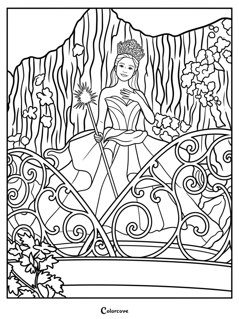 Coloriage de Glinda pleurant Elphaba dans No One Mourns The Wicked, représentant le personnage couronné tenant une baguette étincelante.