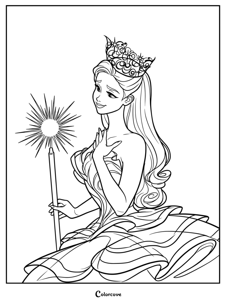 Coloriage de Glinda de Wicked portant une robe rose à volants et une tiare tout en tenant une baguette lumineuse