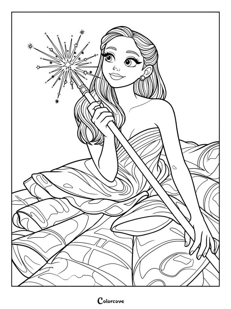 Glinda tenant une baguette étoilée étincelante dans ce coloriage Wicked.