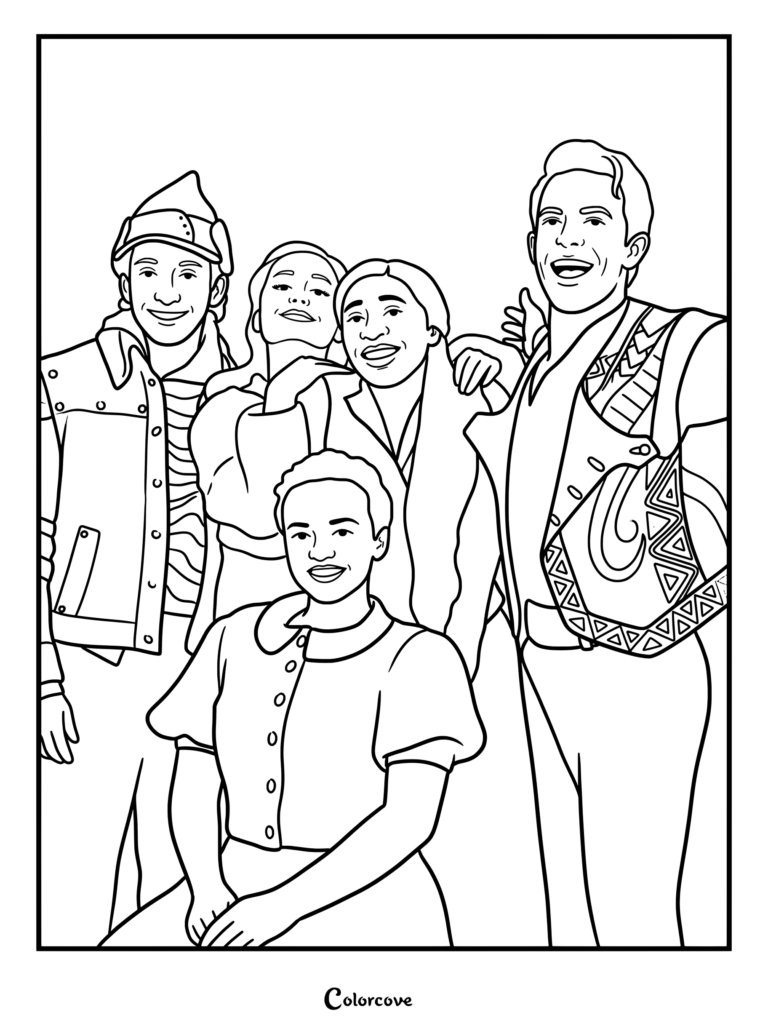 Coloriage Wicked présentant les acteurs principaux Ethan Slater dans le rôle de Boq, Ariana Grande dans le rôle de Glinda, Cynthia Erivo dans le rôle d'Elphaba, Jonathan Bailey dans le rôle de Fiyero et Marissa Bode dans le rôle de Nessarose.