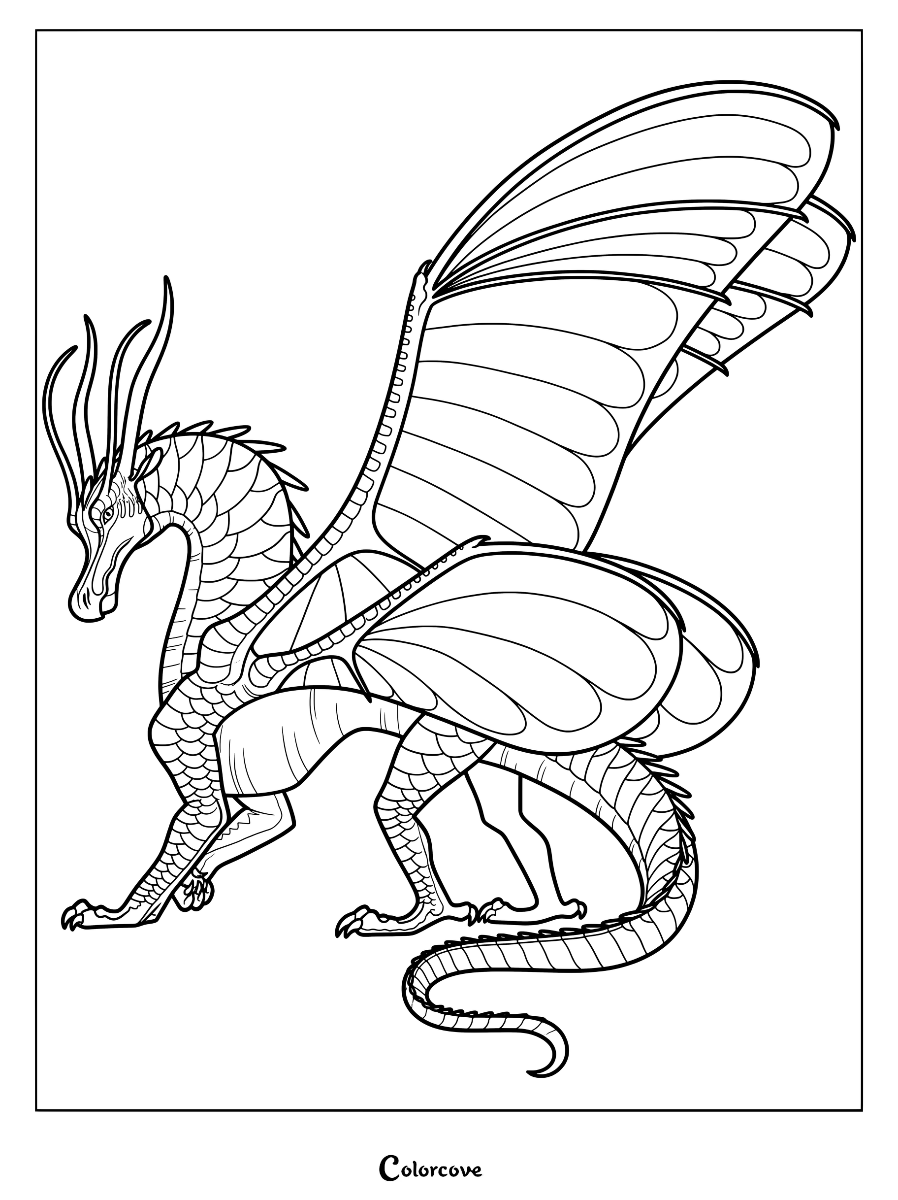 Dibujo para colorear del dragón Blue Ala de Seda de Alas de Fuego con elegantes alas insectoides y antenas curvas.