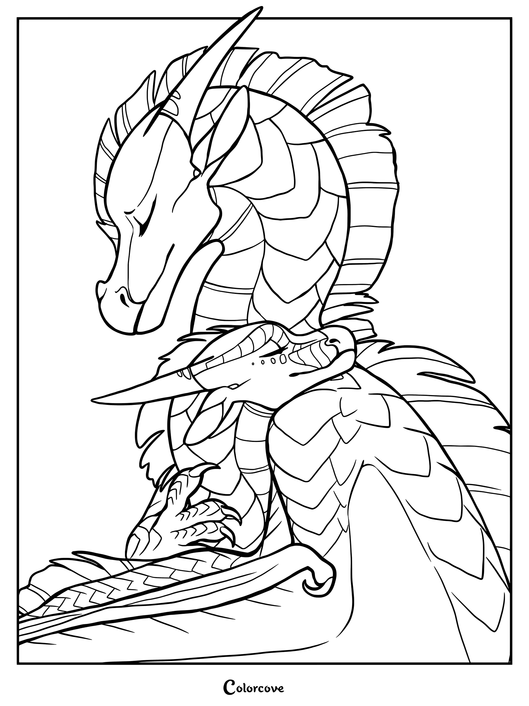 Página para colorear de Jambu y Kinkajou de Alas de Fuego con dos dragones amistosos.