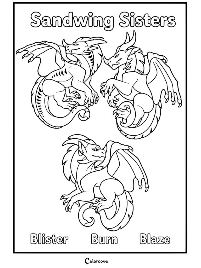 Coloriage Les Royaumes de Feu représentant les sœurs Ailes de Sable, Blister, Burn et Blaze.
