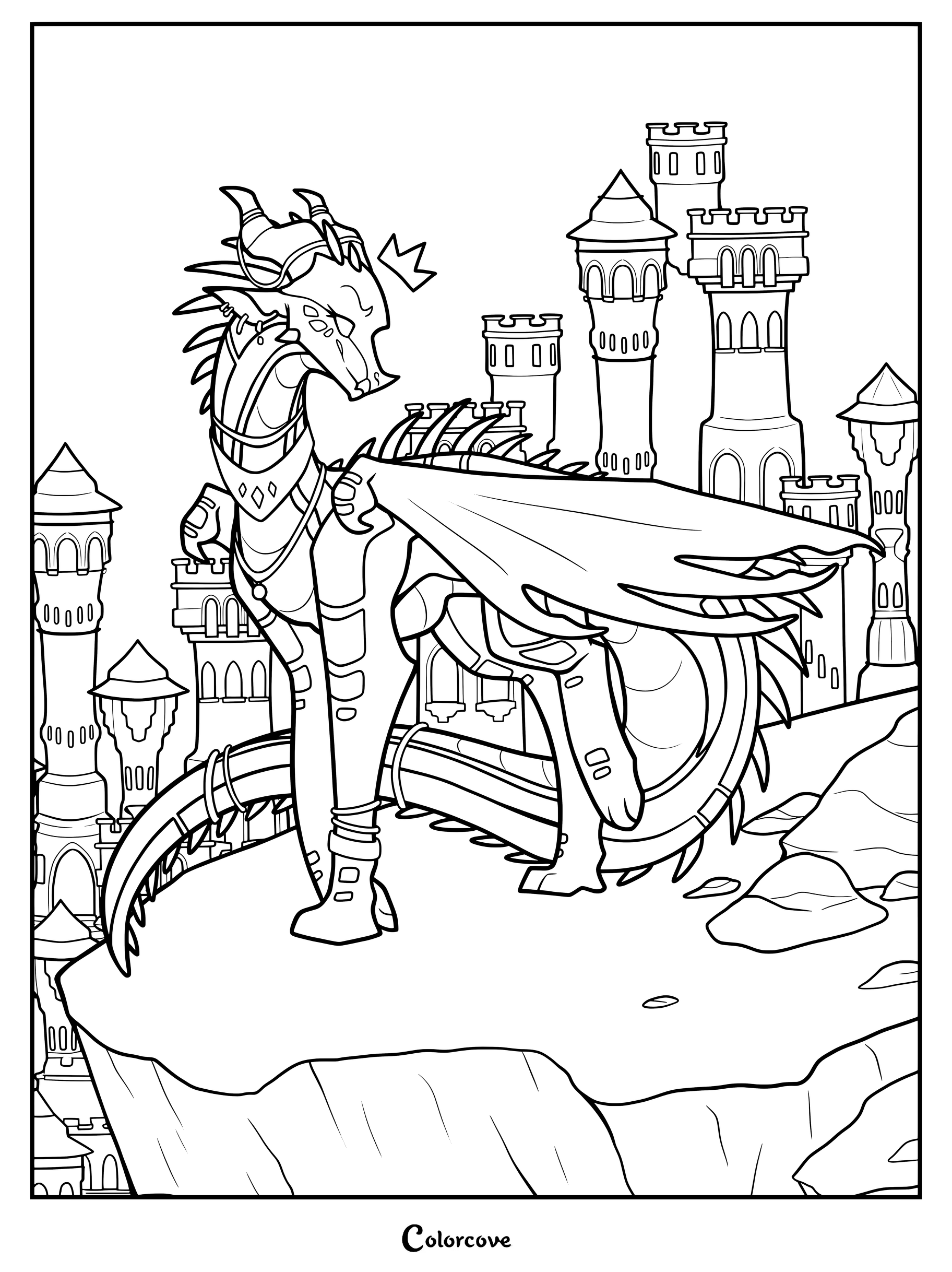 Dibujo para colorear de la Reina Avispa de Alas de Fuego que muestra a un dragón majestuoso con grandes alas y cola enrollada.