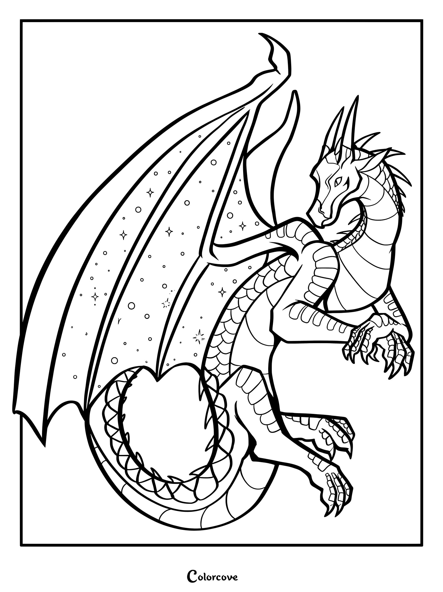 Dibujo para colorear de Alas de Fuego con Sundew, alas similares a hojas y cola curva.