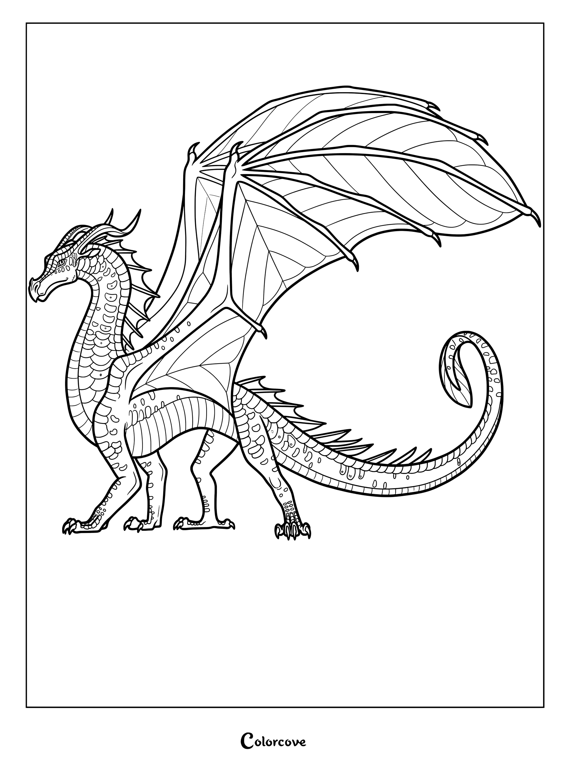 Dibujo para colorear de Alas de Fuego con un dragón en una playa de la novela gráfica Talons of Power
