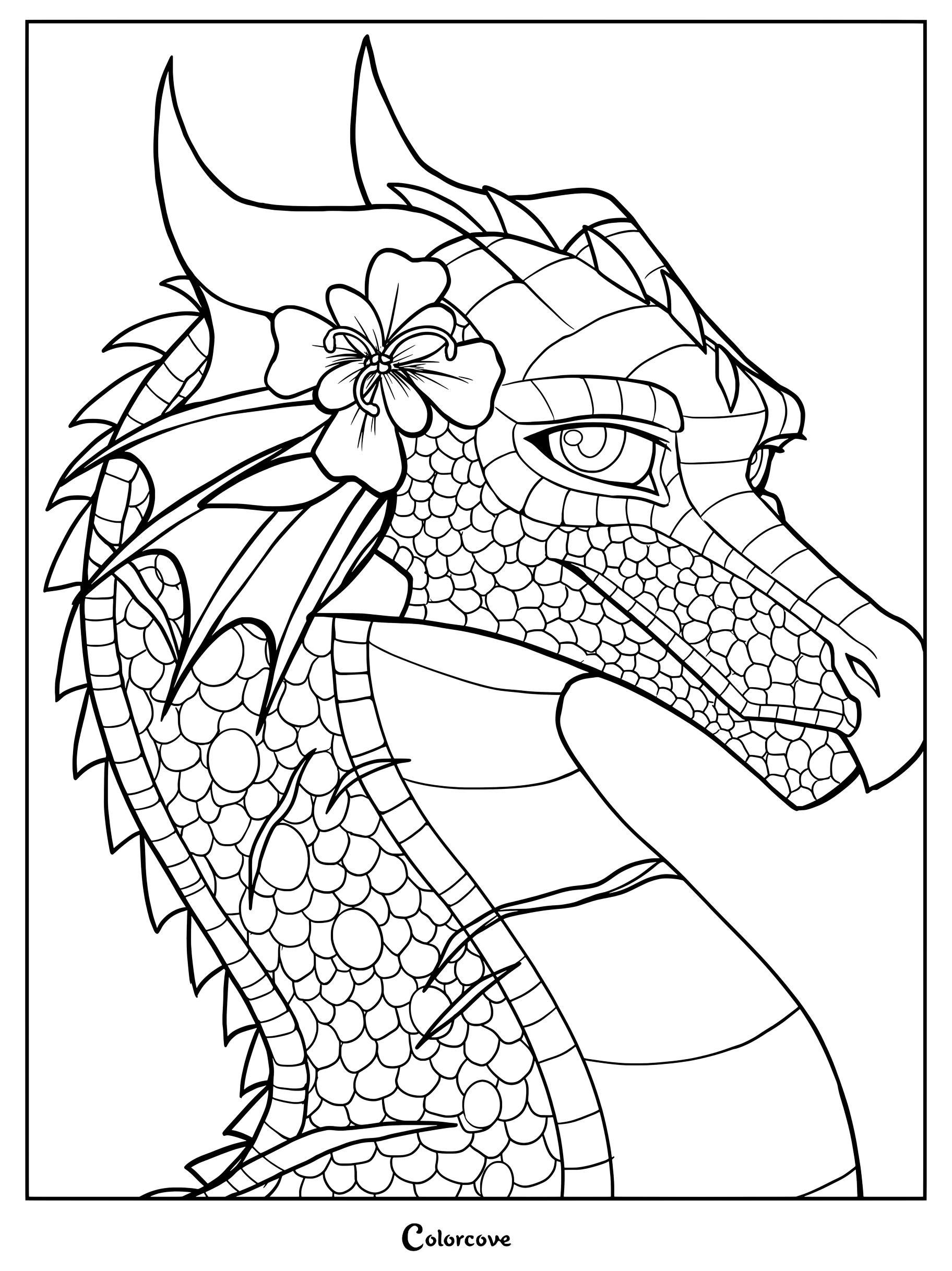 Dibujo para colorear de Alas de Fuego con un dragón posado sobre una roca con el título de la serie abajo.