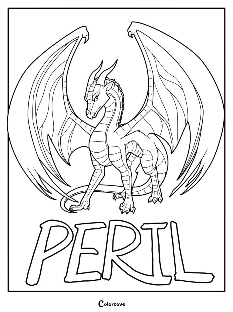 Page de coloriage des Royaumes de Feu mettant en vedette Péril le dragon Ailes de Ciel aux grandes ailes déployées
