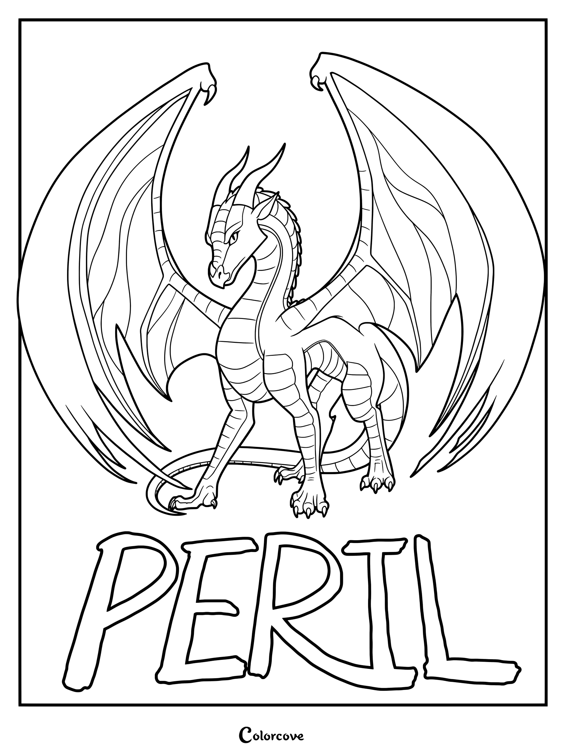 Dibujo para colorear de Alas de Fuego con un dragón Ala de Mar verde y azul con rayas y manchas luminiscentes azules brillantes.