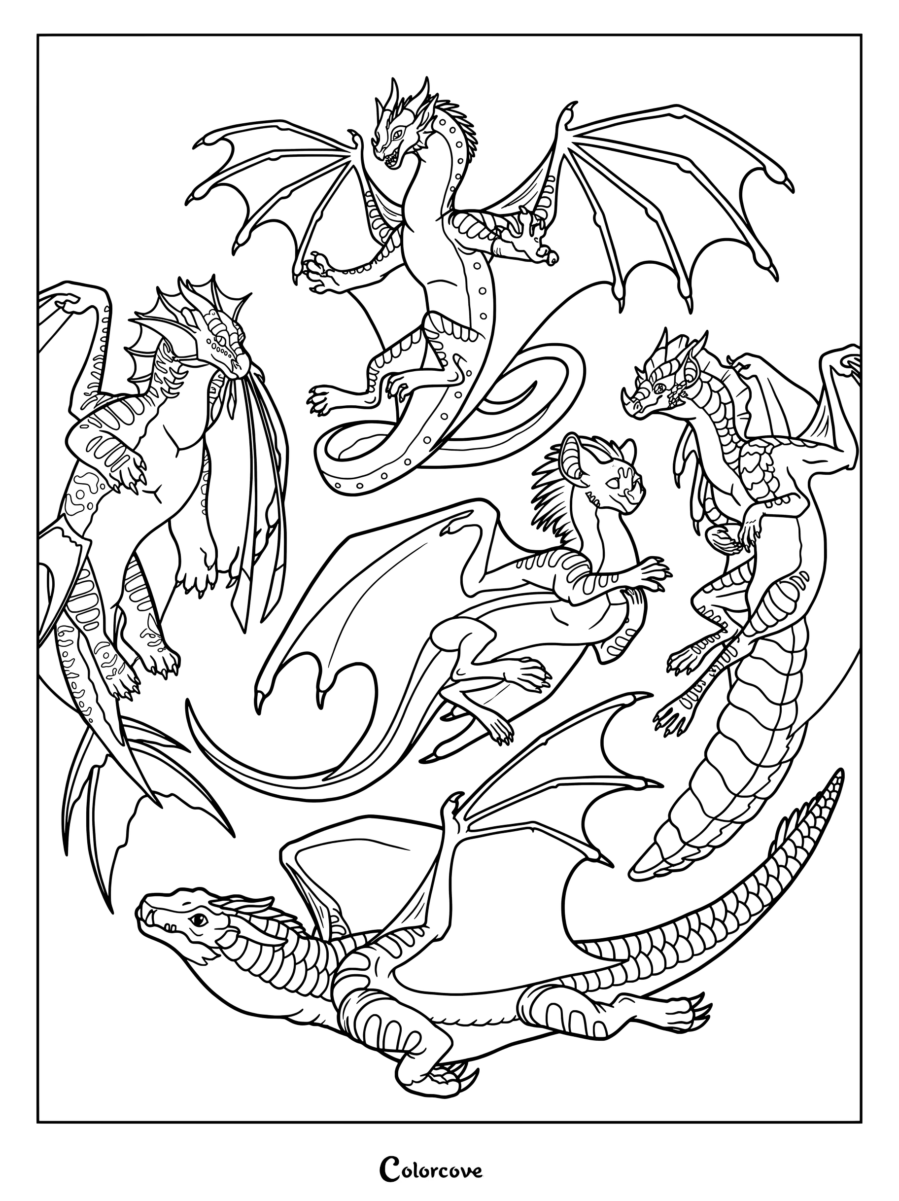 Página para colorear de Peril con la destacada dragona de Ala de Cielo de Alas de Fuego con grandes alas extendidas.