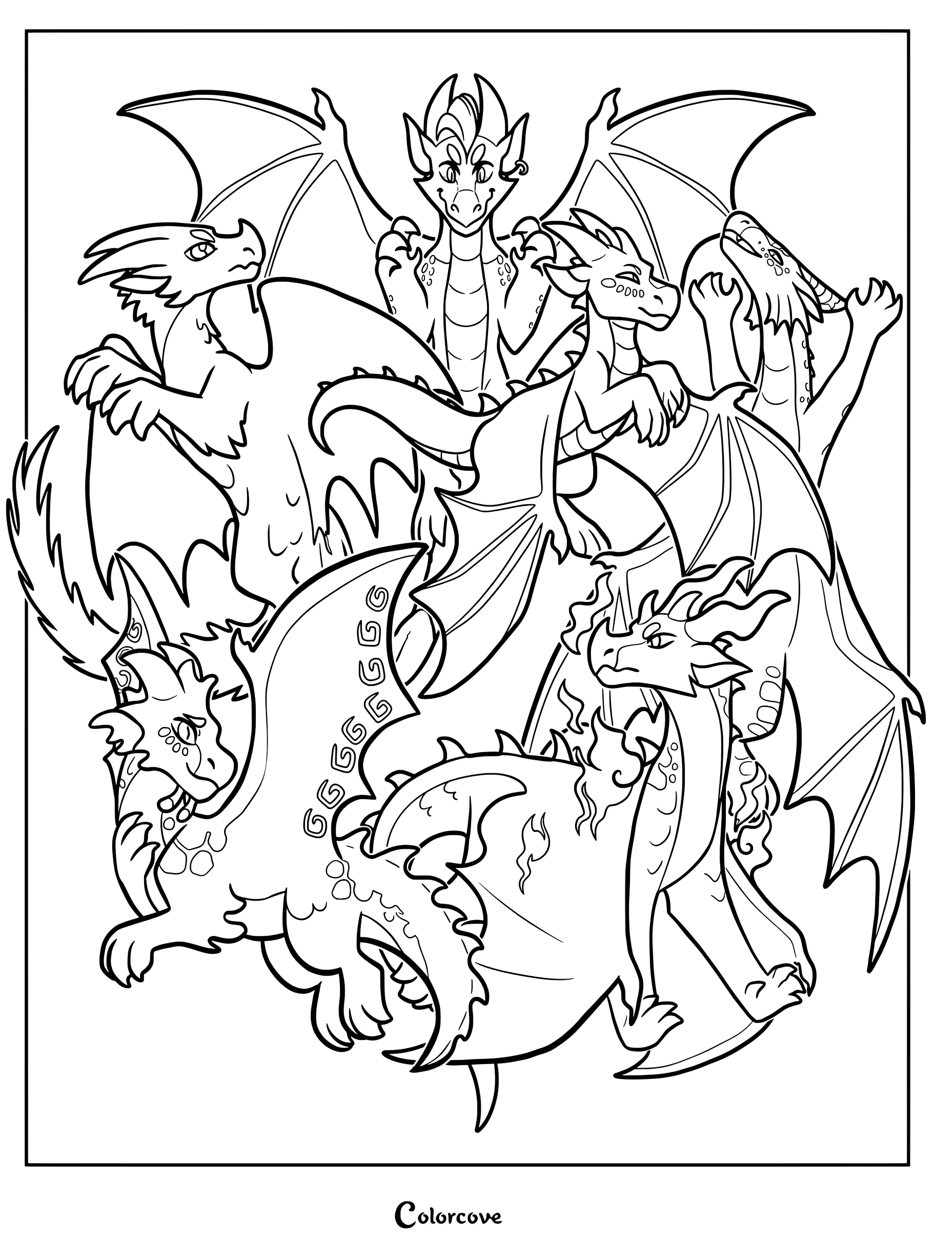 Página para colorear de Alas de Fuego con arte de fans de Los Dragones del Destino diseñado por el artista DragonsnDoodles.
