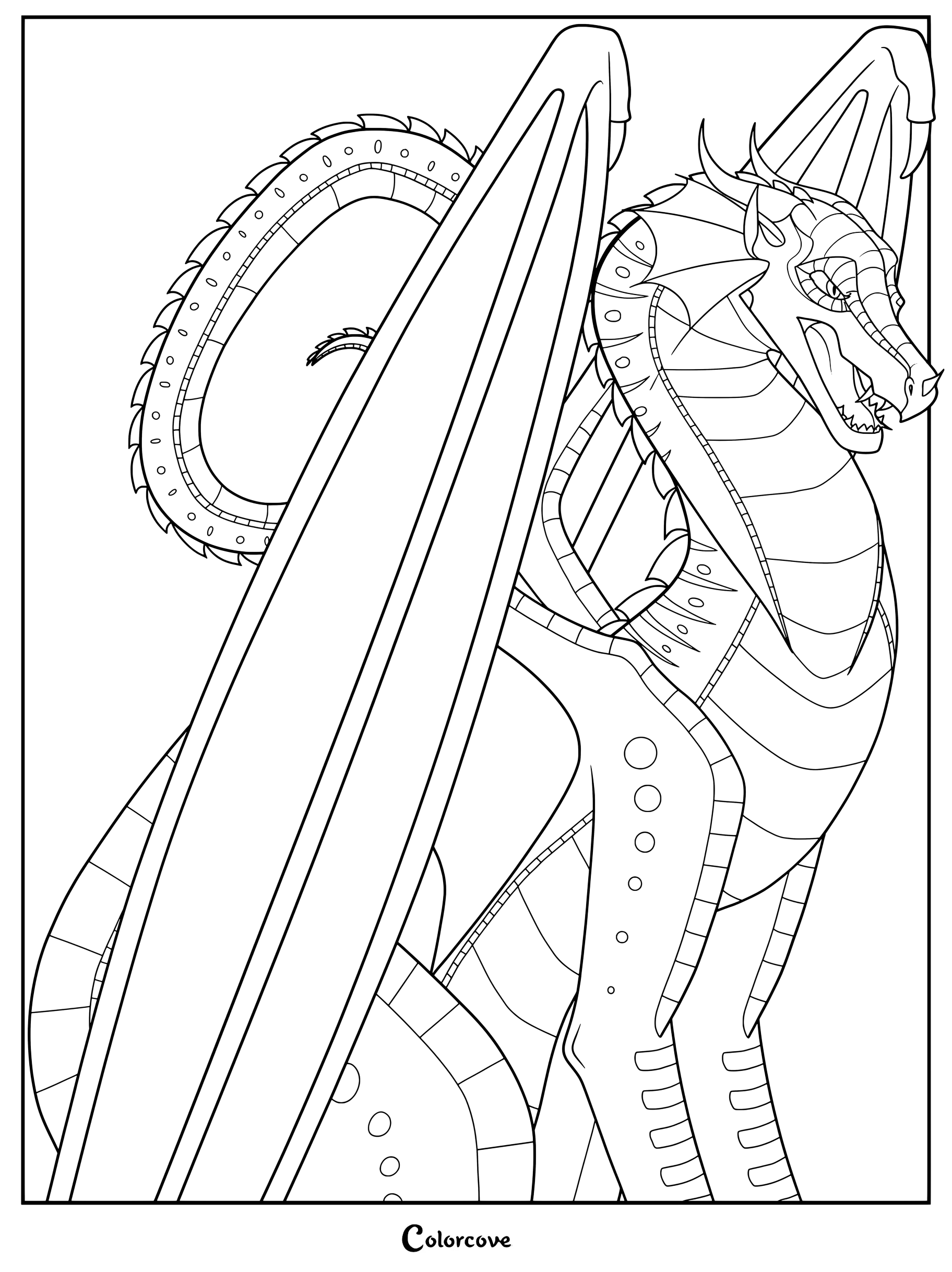 Peril la dragona de Ala de Cielo con escamas de fuego de la serie de libros de Alas de Fuego, página para colorear.
