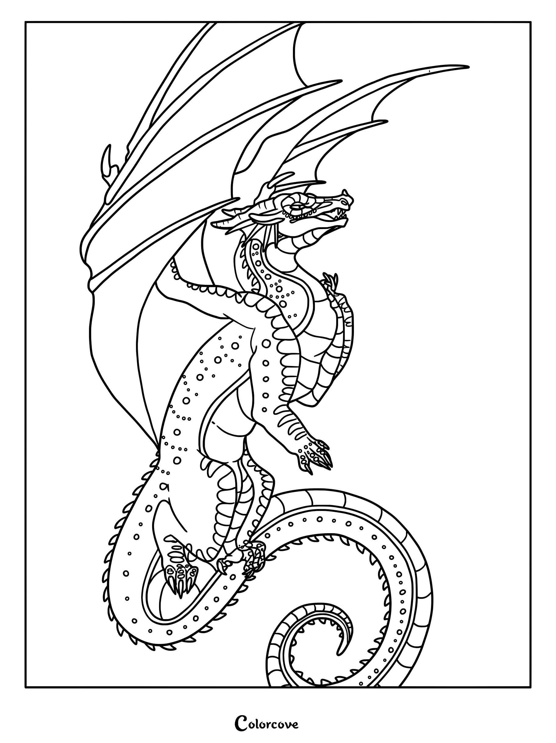 Dibujo para colorear de Alas de Fuego de Aloe, la dragona verde que muestra intrincados patrones en las alas y una cola enrollada.