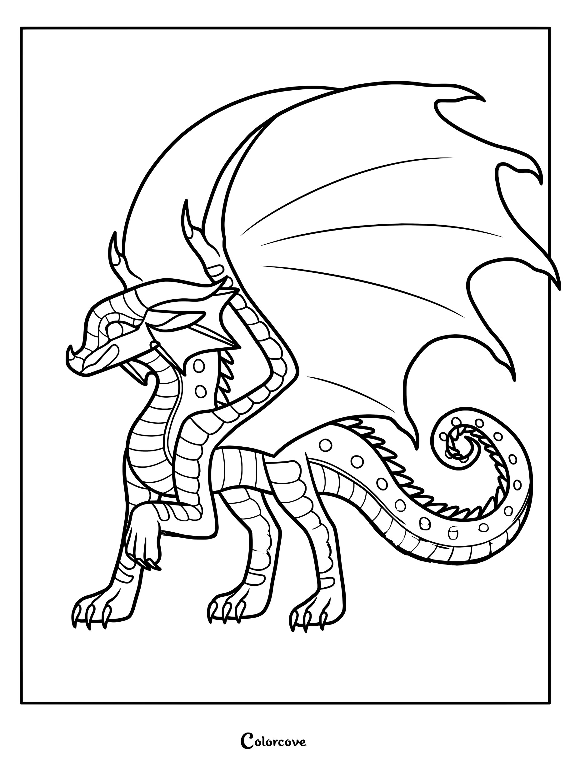 Gloria, la dragona de Ala de Lluvia de Alas de Fuego, en una página para colorear imprimible.
