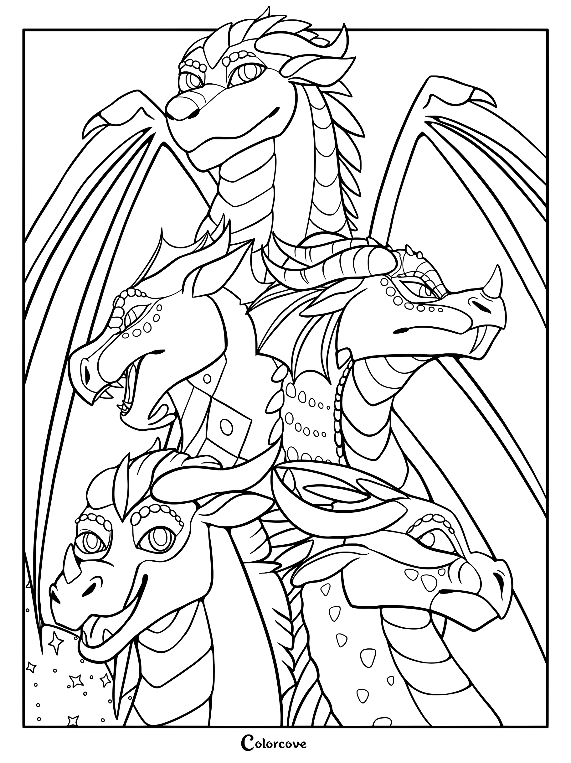 Página para colorear de Sunny de Alas de Fuego por el artista wdragonart con un dragón en un paisaje desértico.