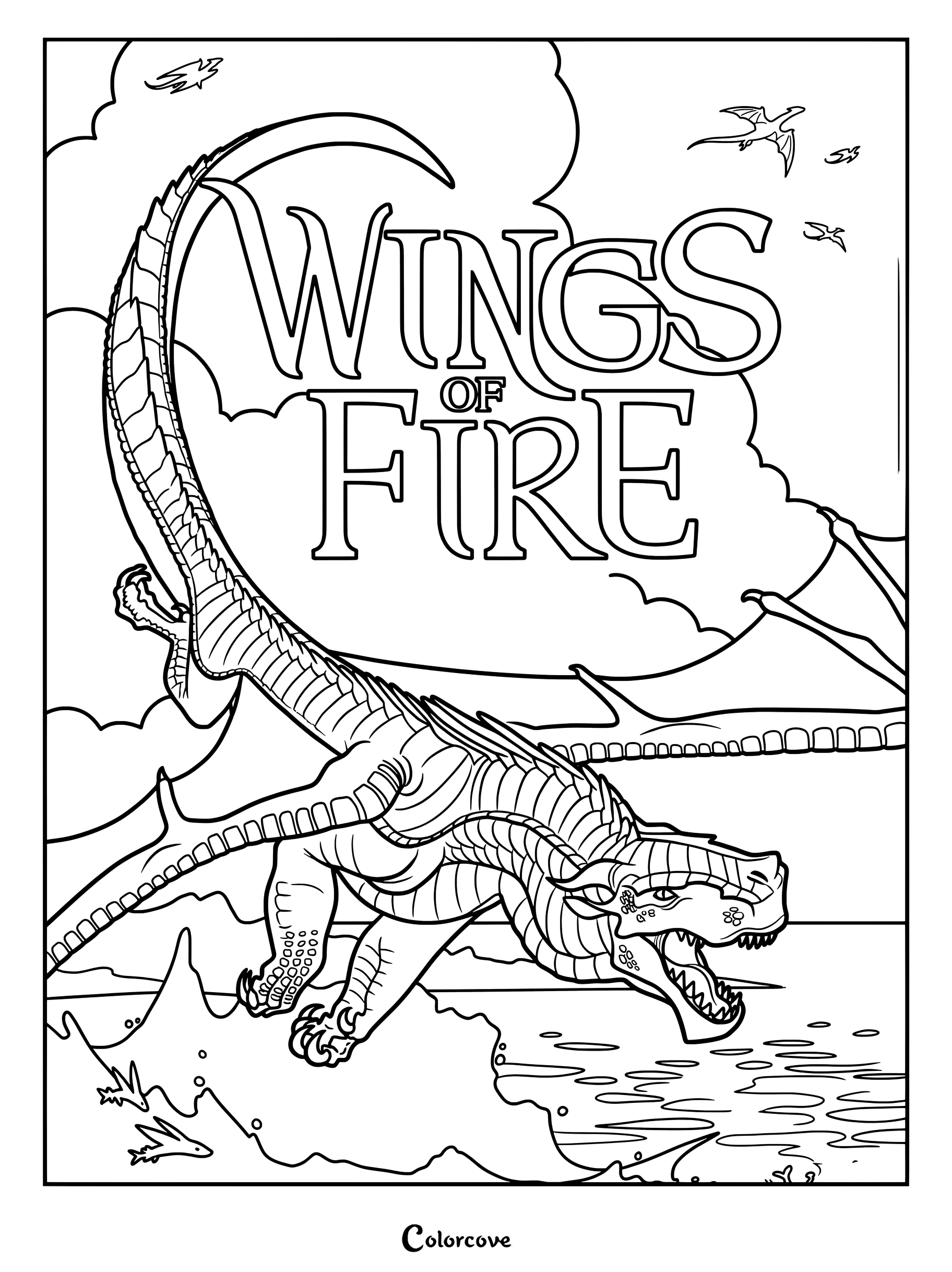 Dibujo para colorear de Cricket de Alas de Fuego que muestra a un dragón Ala de Colmena con las alas plegadas mirando hacia arriba.
