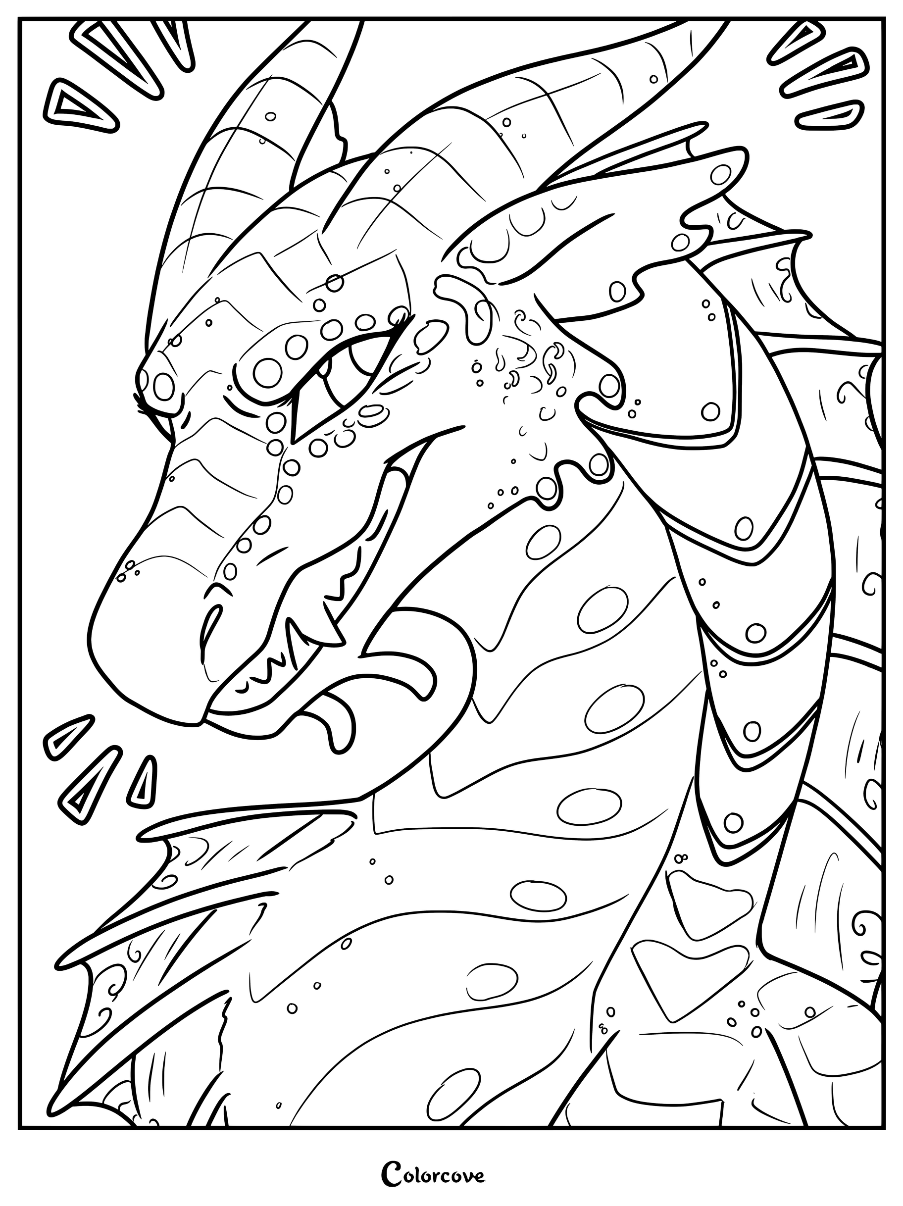 Página para colorear de Alas de Fuego con ilustraciones digitales de Los Dragones del Destino por Saeflin, incluidos Clay, Tsunami, Gloria, Sunny y Starflight.