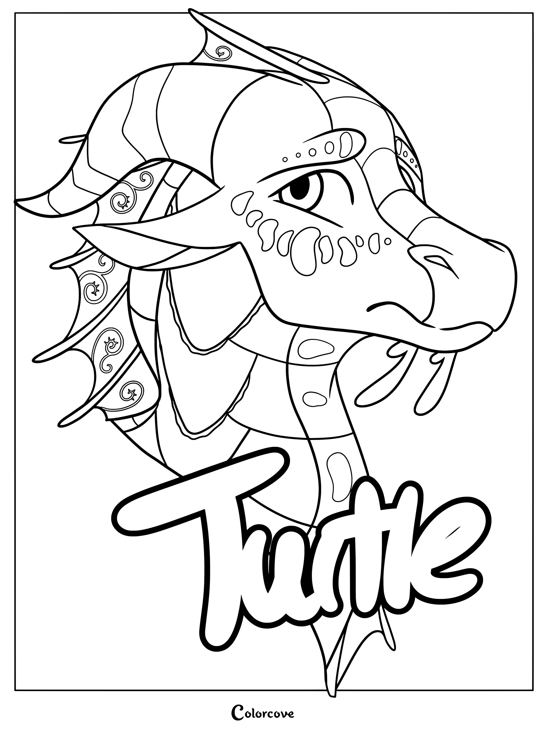 Página para colorear de retrato de Turtle de Alas de Fuego con cuernos ornamentados y escamas faciales.